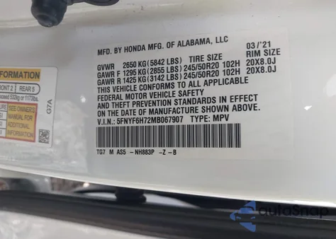 2021 Honda Pilot Awd Black Edition z USA, uszkodzony, nr VIN 5FNYF6H72MB067907